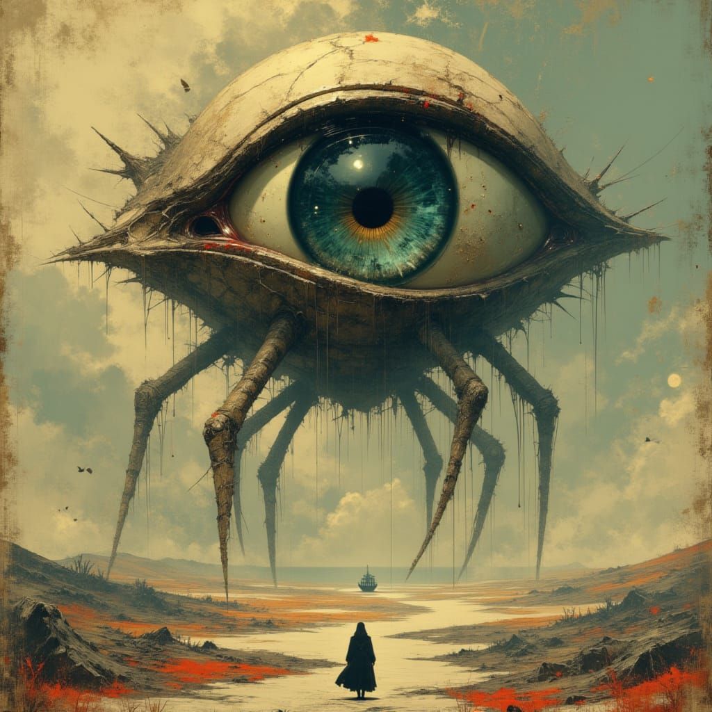 Sinister Colossal Eye Walks Dystopian Plains