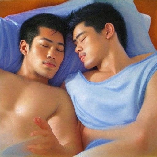 Two Men Couple on Bed in Oil Painting Style