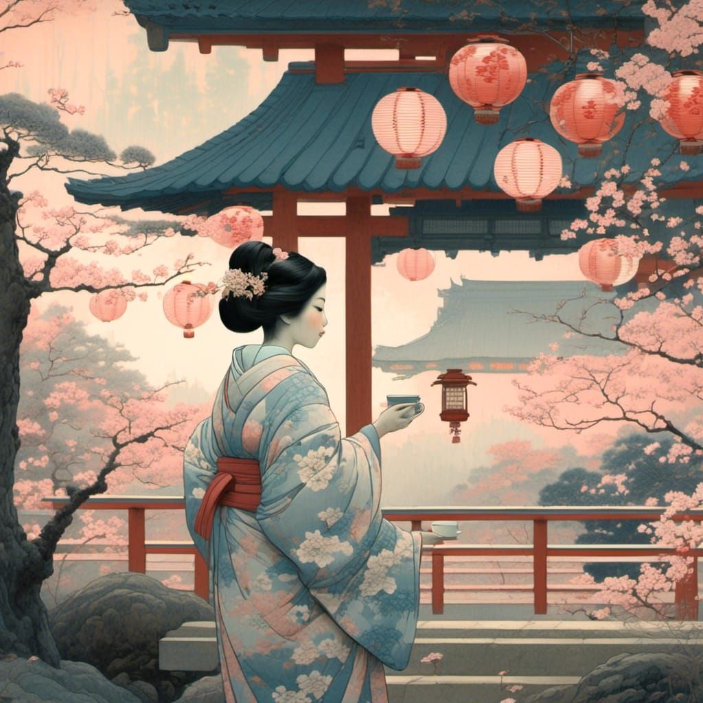 Geisha in Japanese Garden: Ukiyo-e Style Tea Ceremony