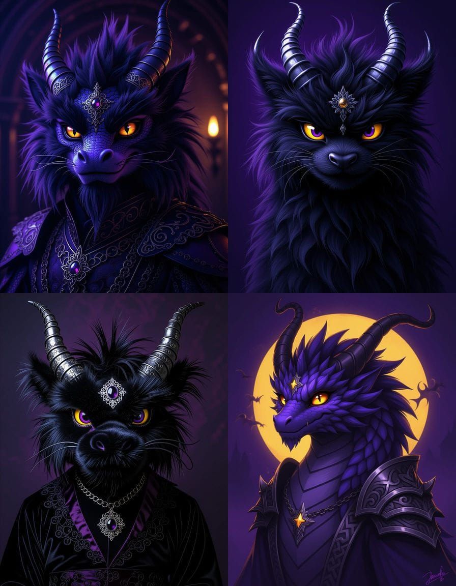 Fluffy Black Eastern Dragon Portrait in Gothic Style