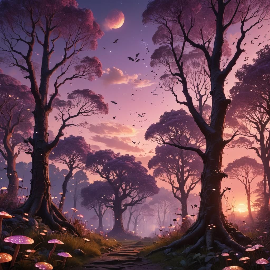 Enchanted Purple Forest at Sunset, Matte Painting