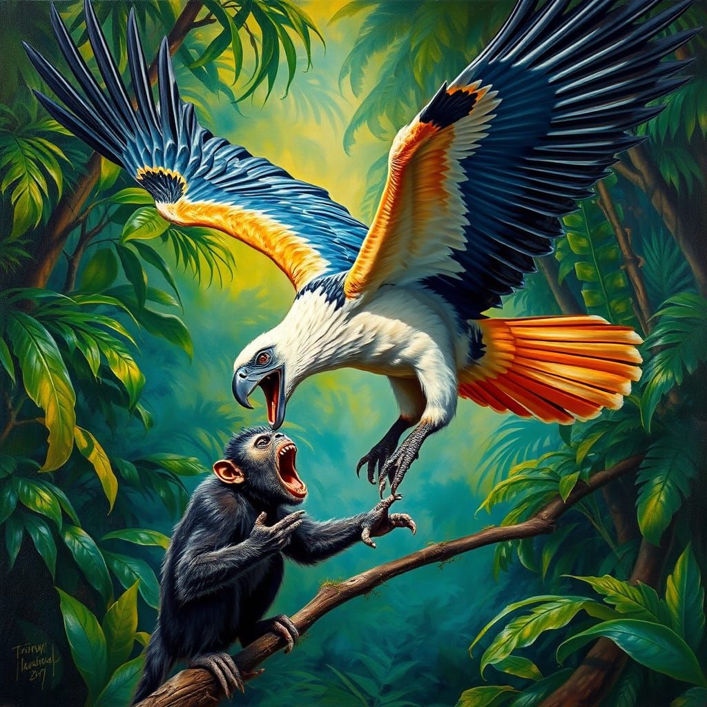 Condor Attacks Monkey in Lush Jungle, Oil Painting