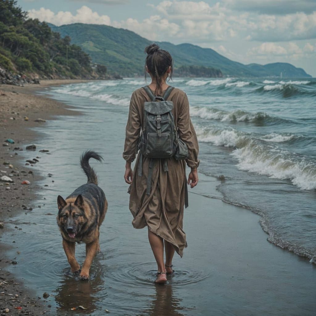 Post Apocalyptic Beach Scene With Woman and Dog
