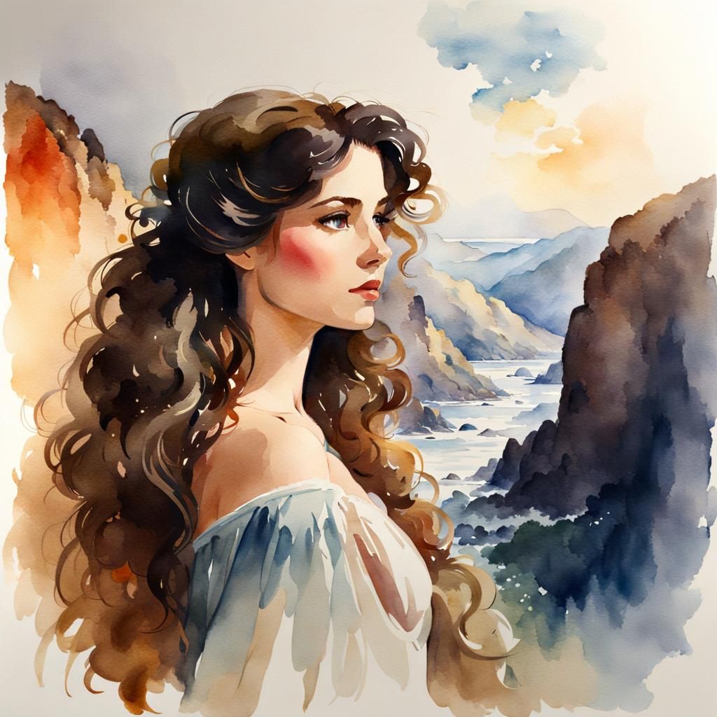 Brunette with Wavy Hair in Watercolor Style
