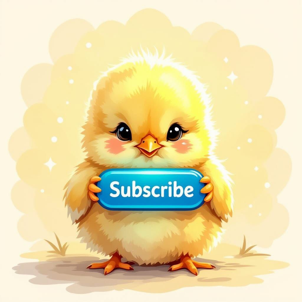Baby Chick Holds Subscribe Button in Children's Book Style