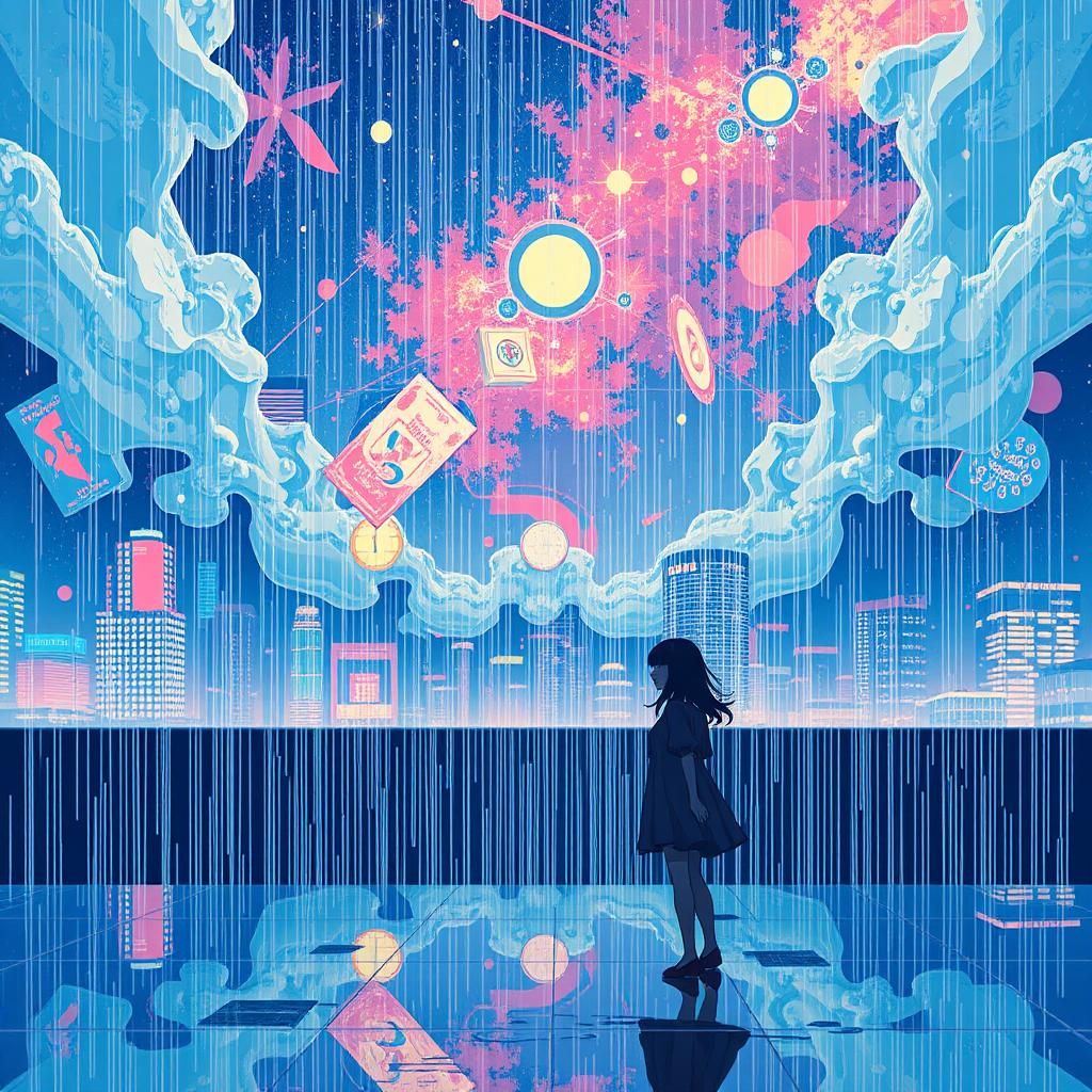 Girl in Rainy Anime Style with Glitch Effects