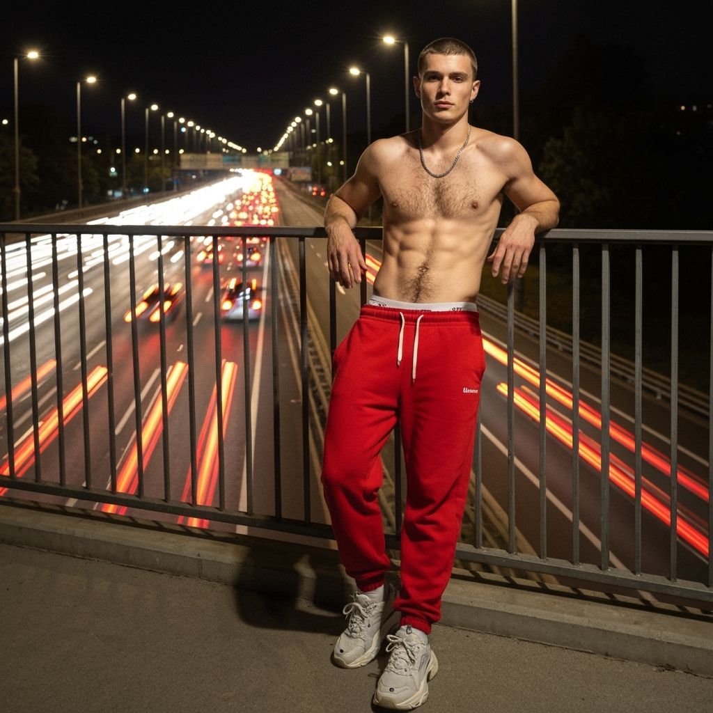 Man Leaning on Overpass, City Lights Blur