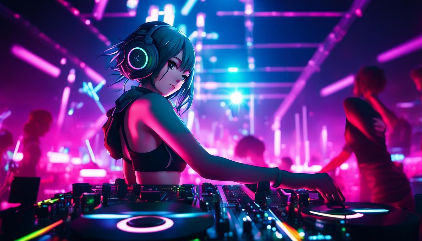 Techno DJ in Neon Rave Setting, Anime Style