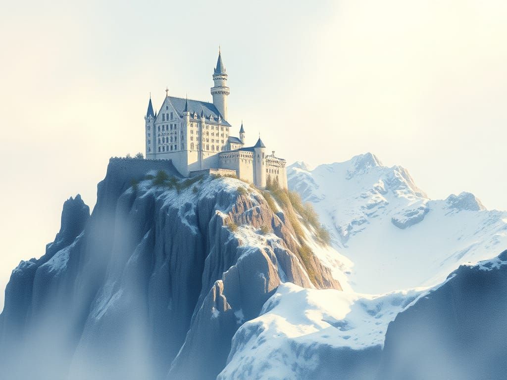 Crystal Castle on Mountain Giant in Watercolor Style