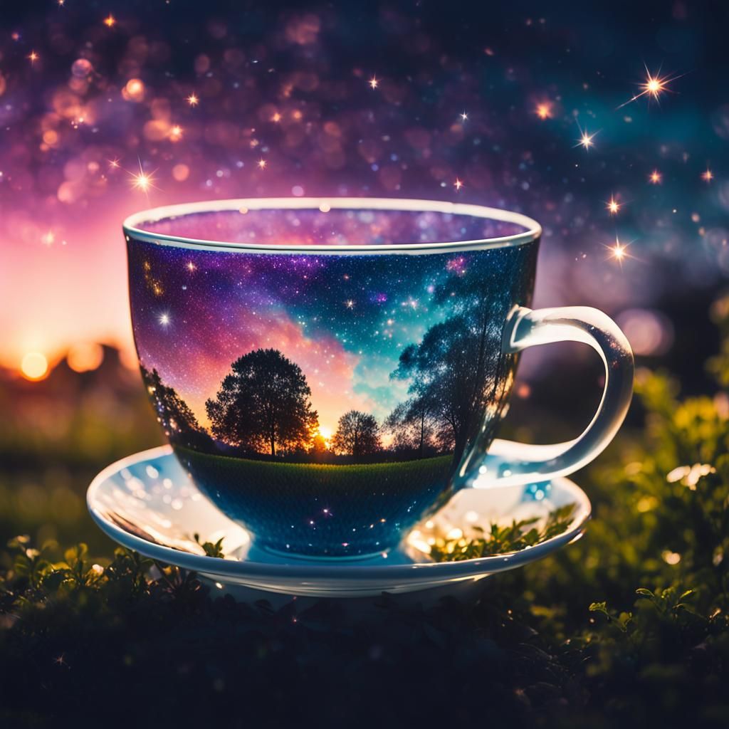 Cosmic Crystal Tea Cup at Sunset