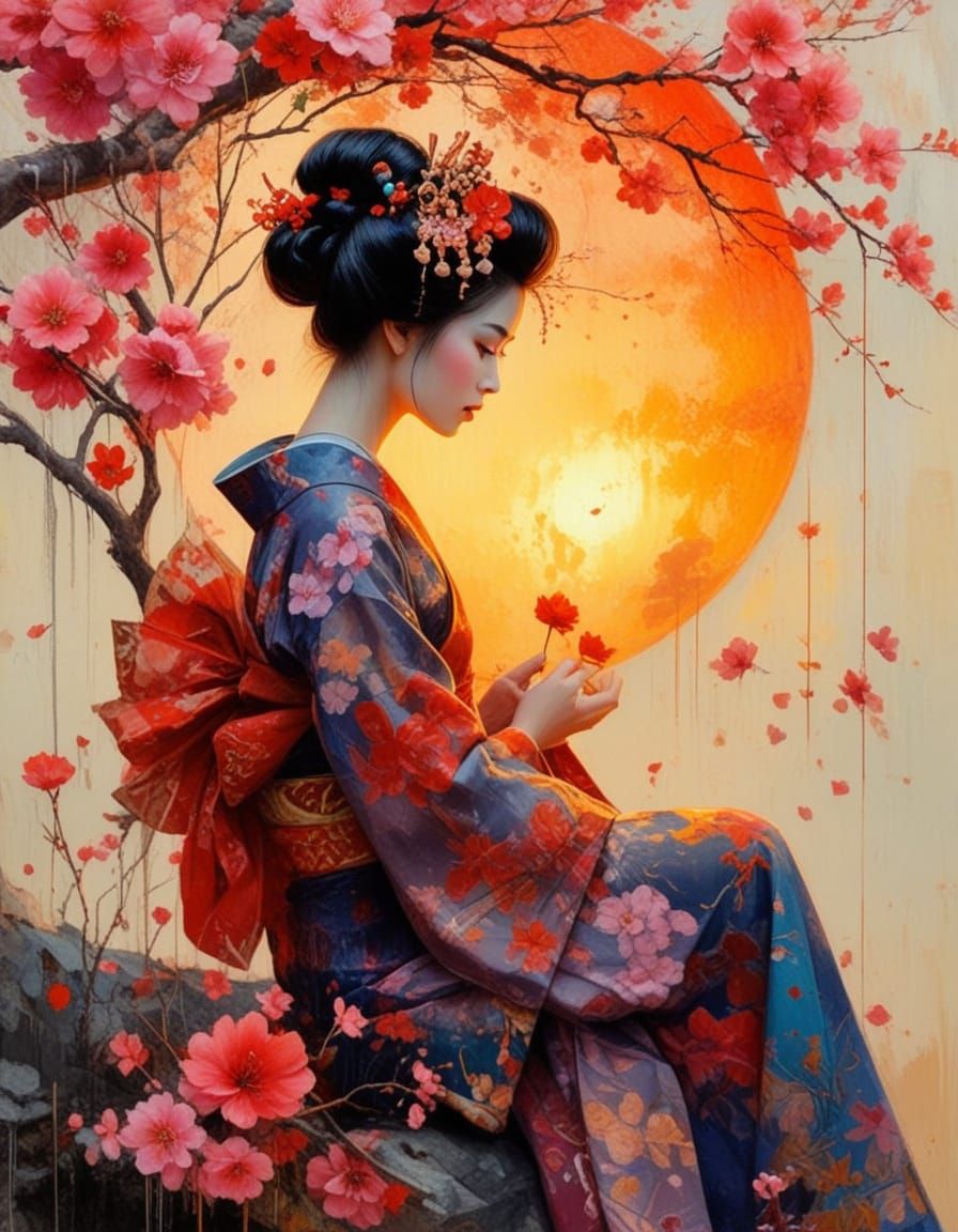 Geisha Under Blossom Tree at Sunset in Abstract Style