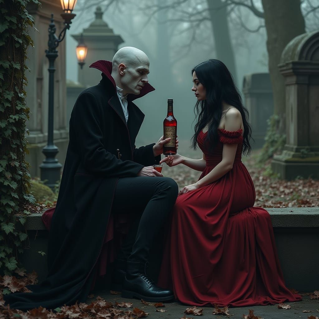 Vampires Share Wine in Gothic Graveyard