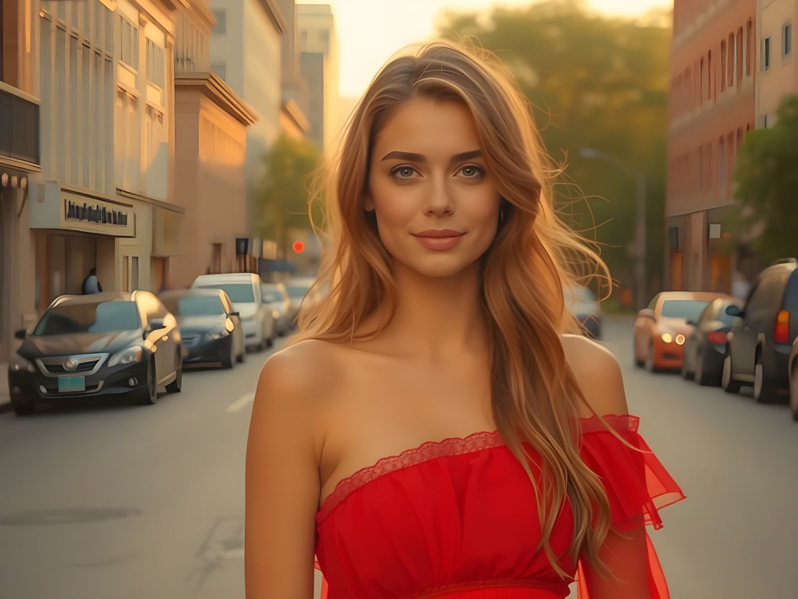 Young Woman in Red Dress Captured in Warm City Light