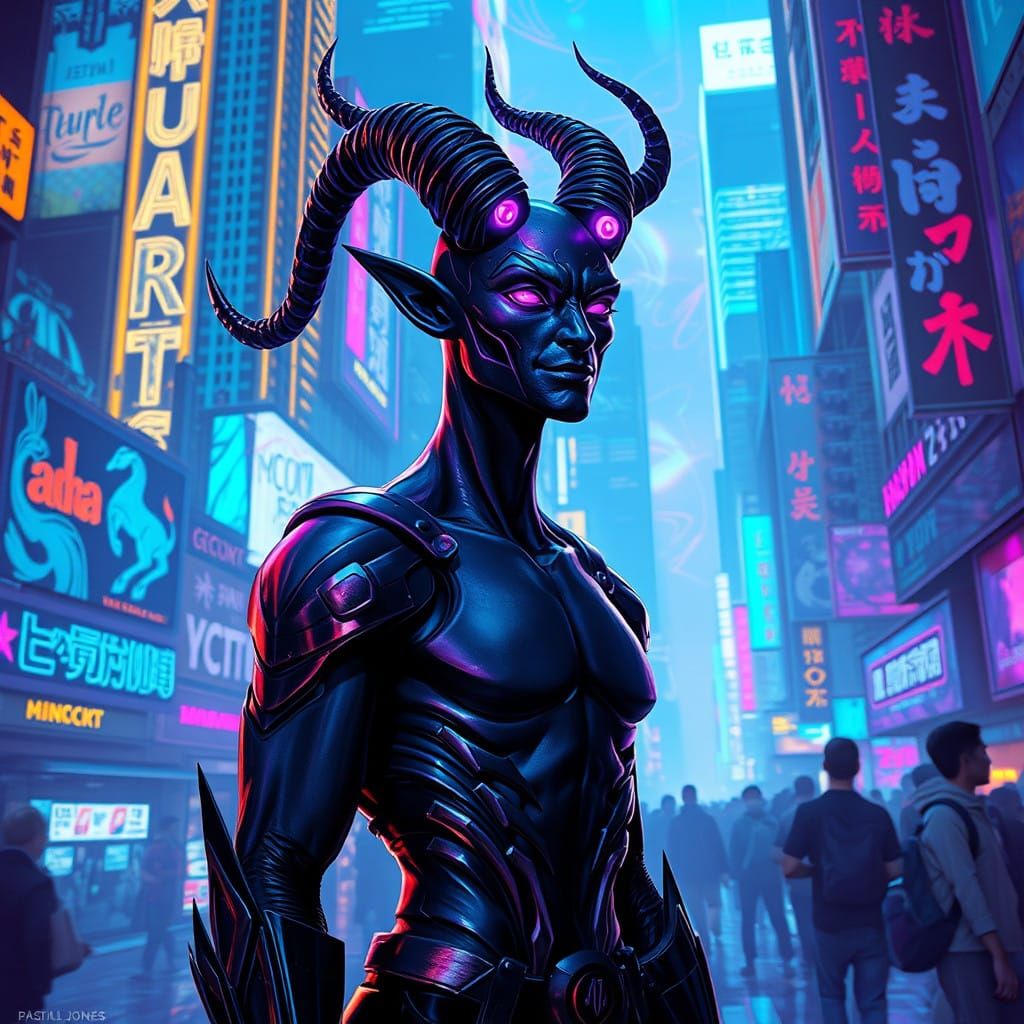 Cyberpunk Demon Zephyr Reigns Over a Neon Paradise