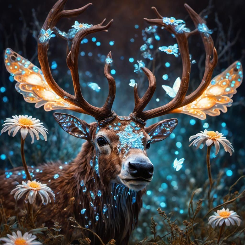 Bioluminescent Butterfly Caribou in Fantasy Landscape