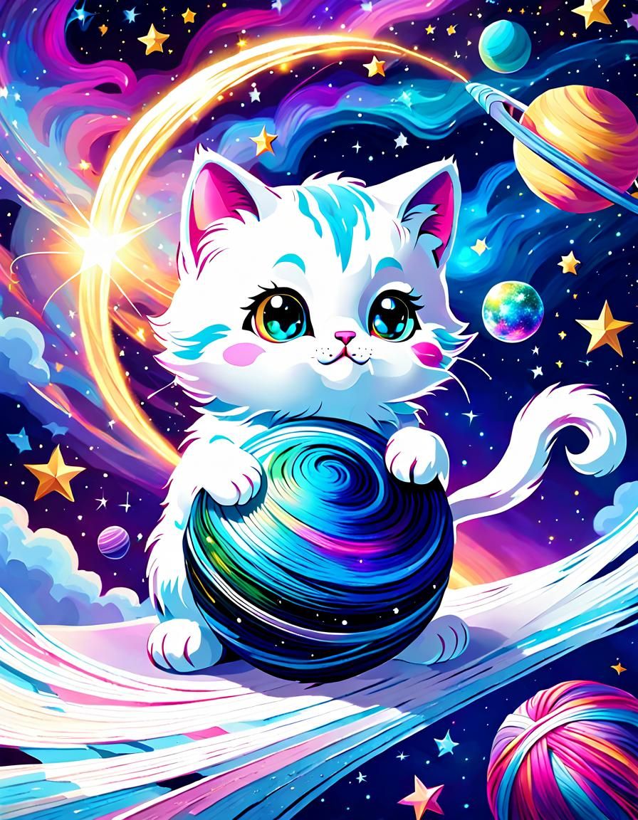 Cosmic Kitten Playing with Yarn Planet