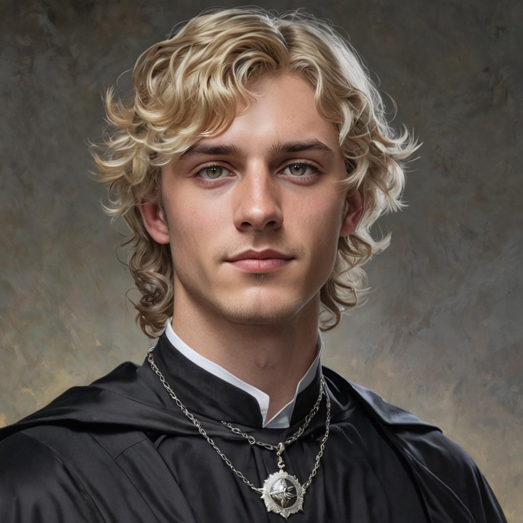 Portrait of a young blond man, short wavy hair, wizard, wearing a black shirt and cape, grey eyes, wearing a silver sun ...