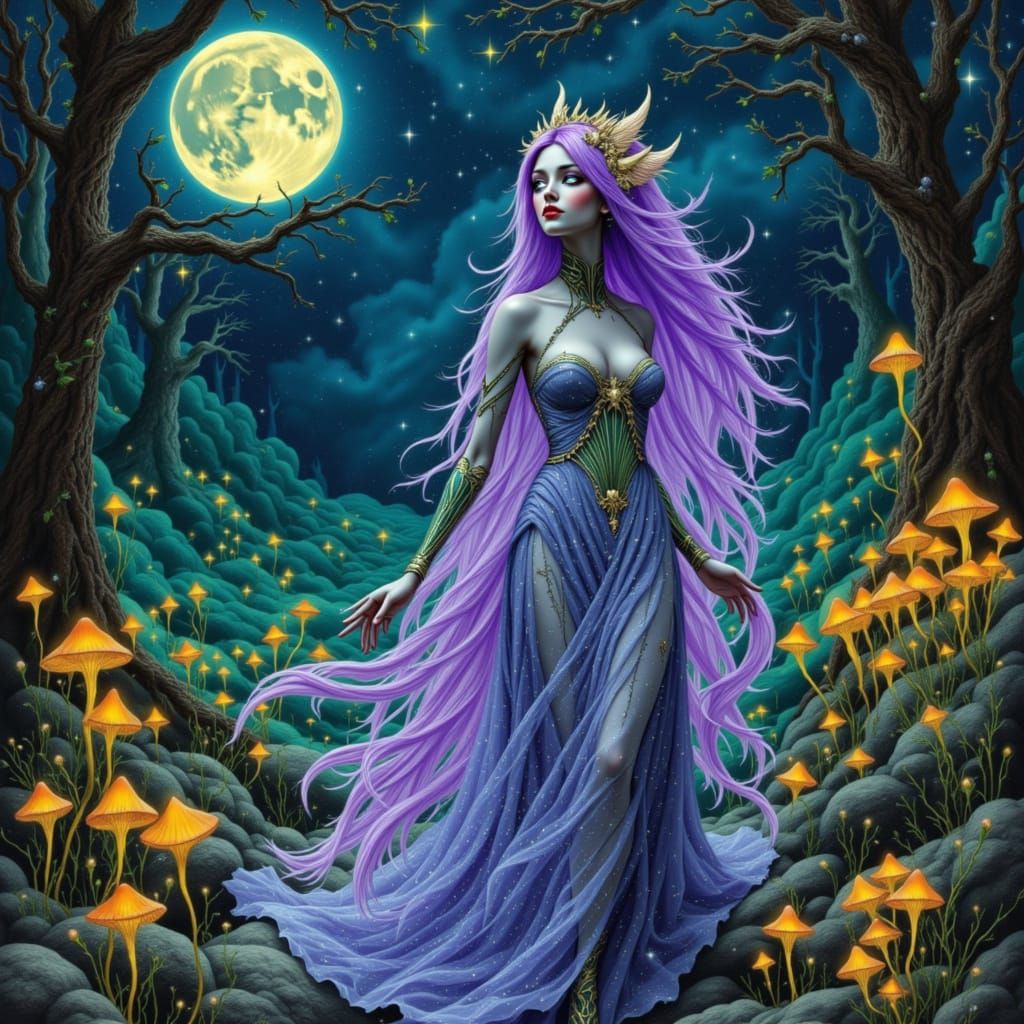 Cyborg Queen in Bioluminescent Grotto, Art Nouveau Style