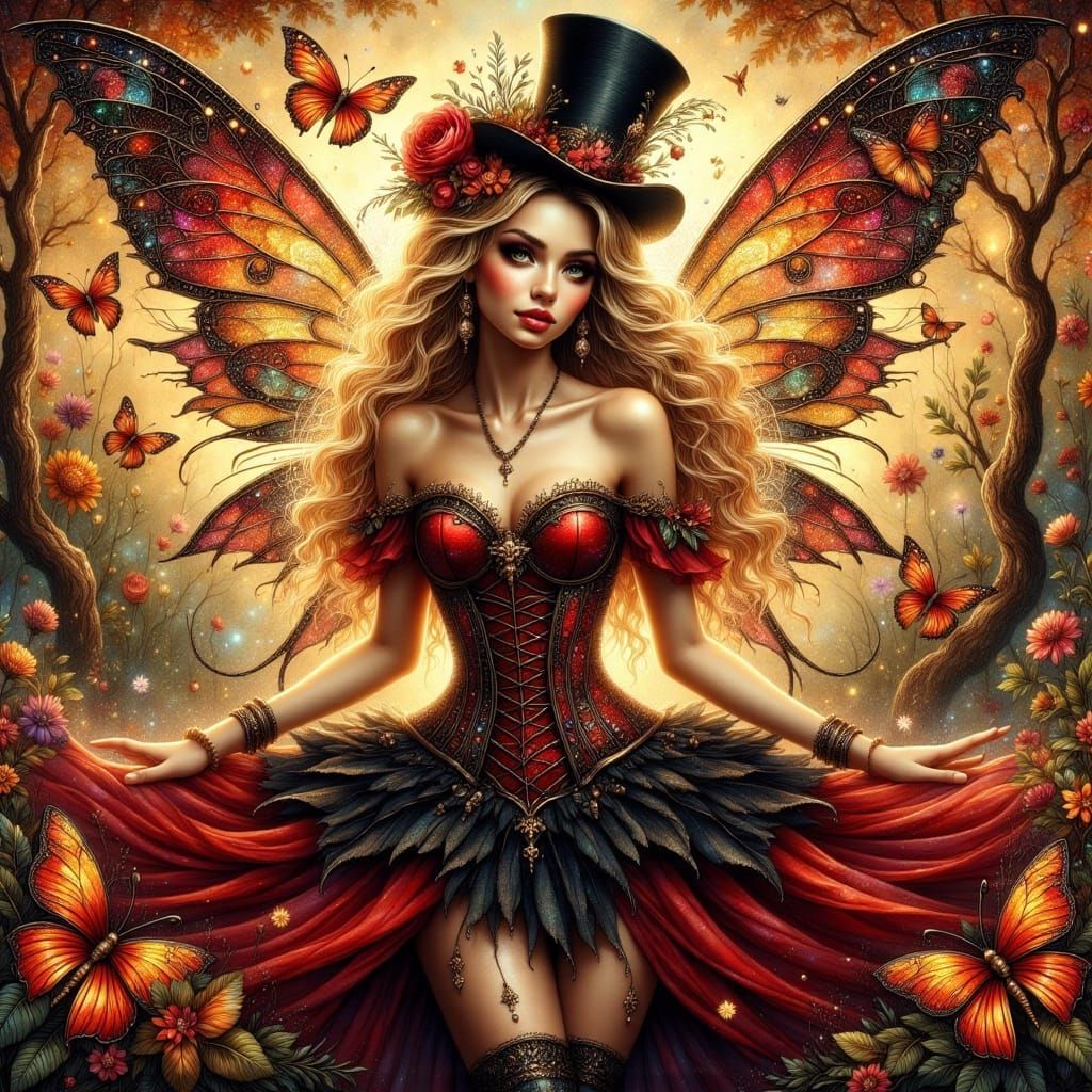 Fairy Woman in Crimson Dress with Butterfly Wings