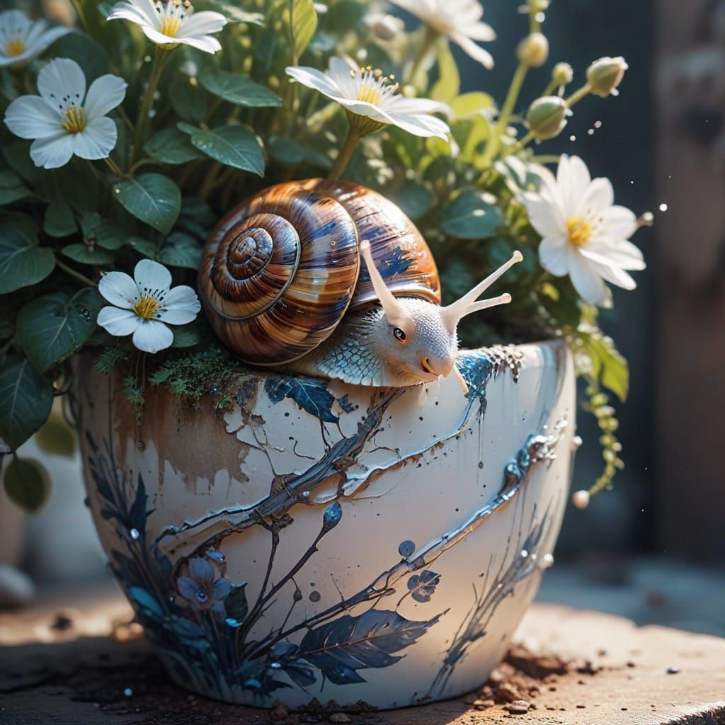 Curious Snail Investigates a Cracked Flowerpot: Watercolor A...