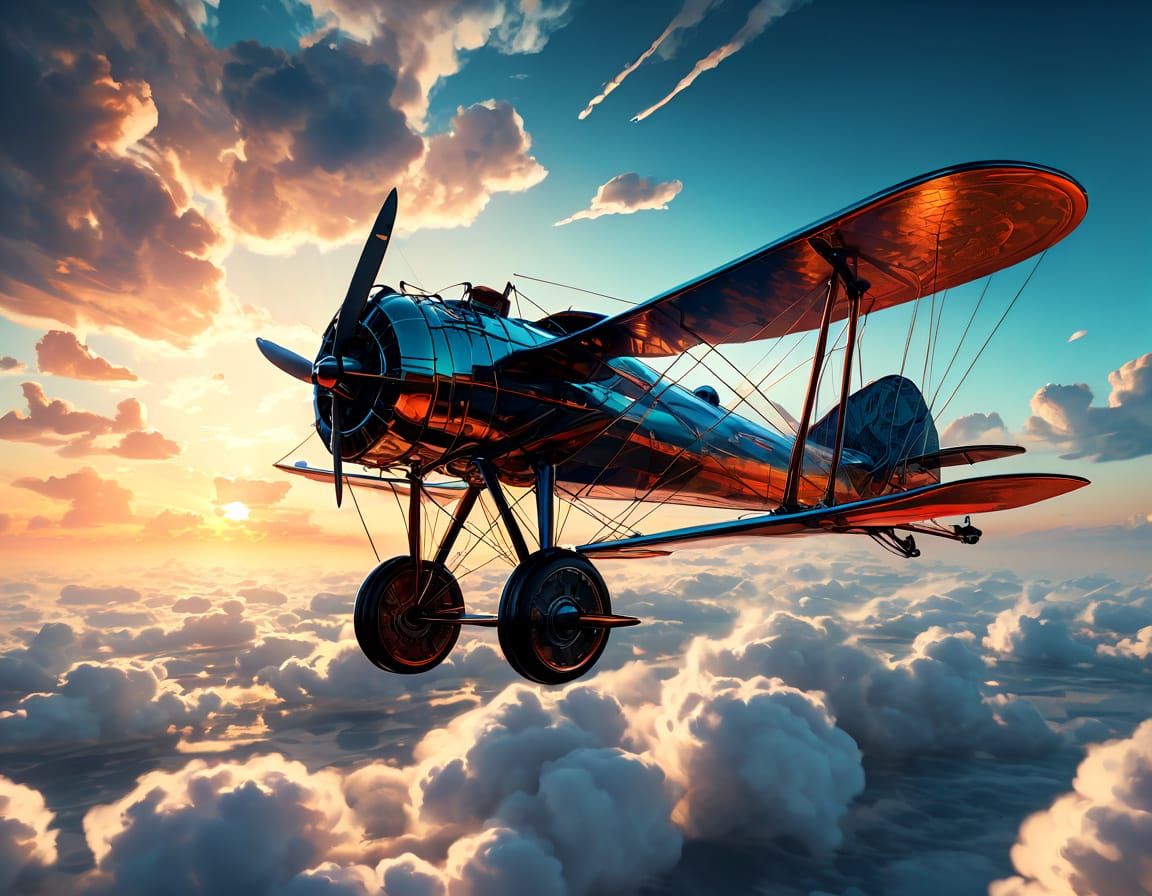 Vintage Biplane Soaring Through Twilight Sky