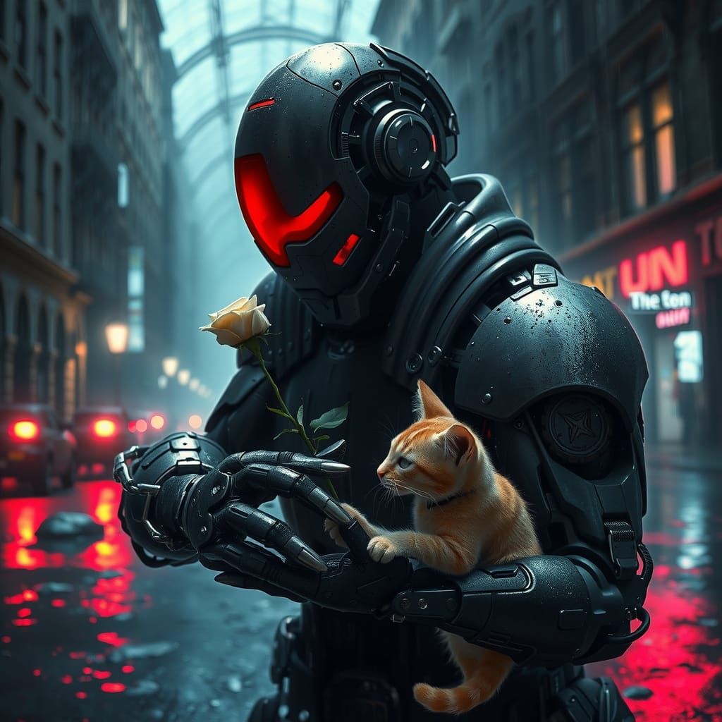 Cyborg Warrior Offers Flower to Stray Cat on Rainy Night