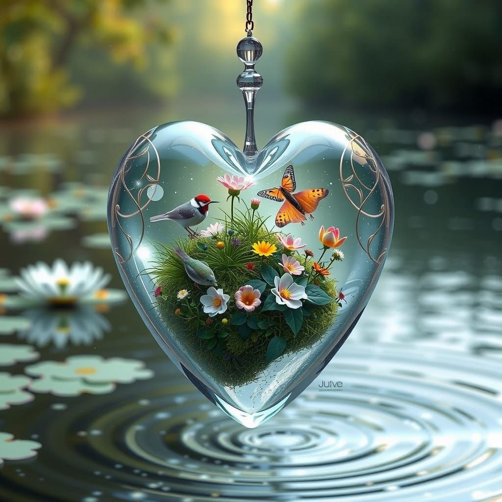 Surreal Glass Double Heart Sculpture in Dreamy Digital Art