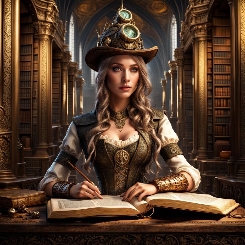 Gothic steampunk babe in the library