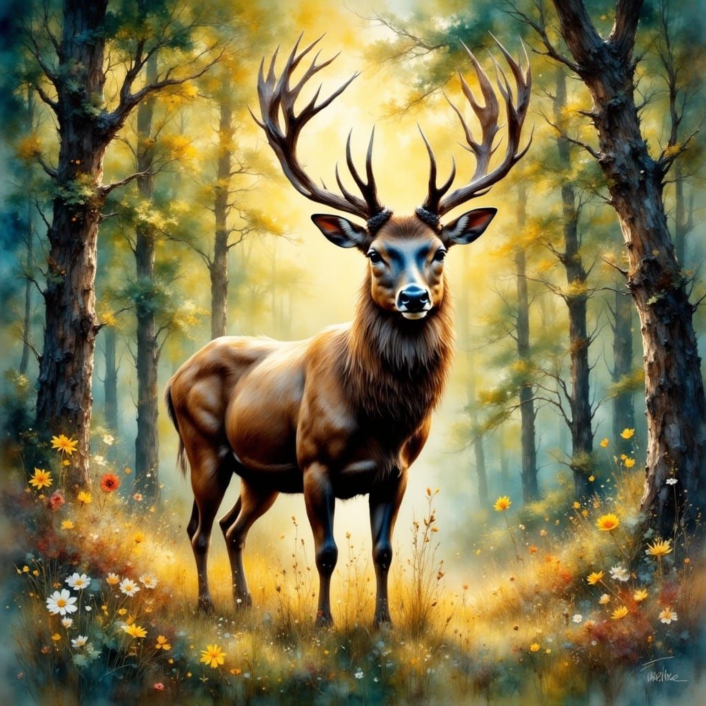 Deer in Forest: Watercolor Painting with Impasto Textures