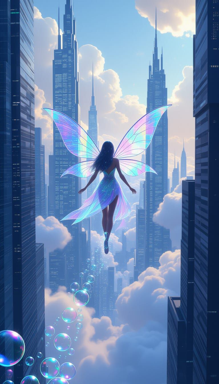 Bubble Fairy in Futuristic Cityscape, Cyberpunk Art
