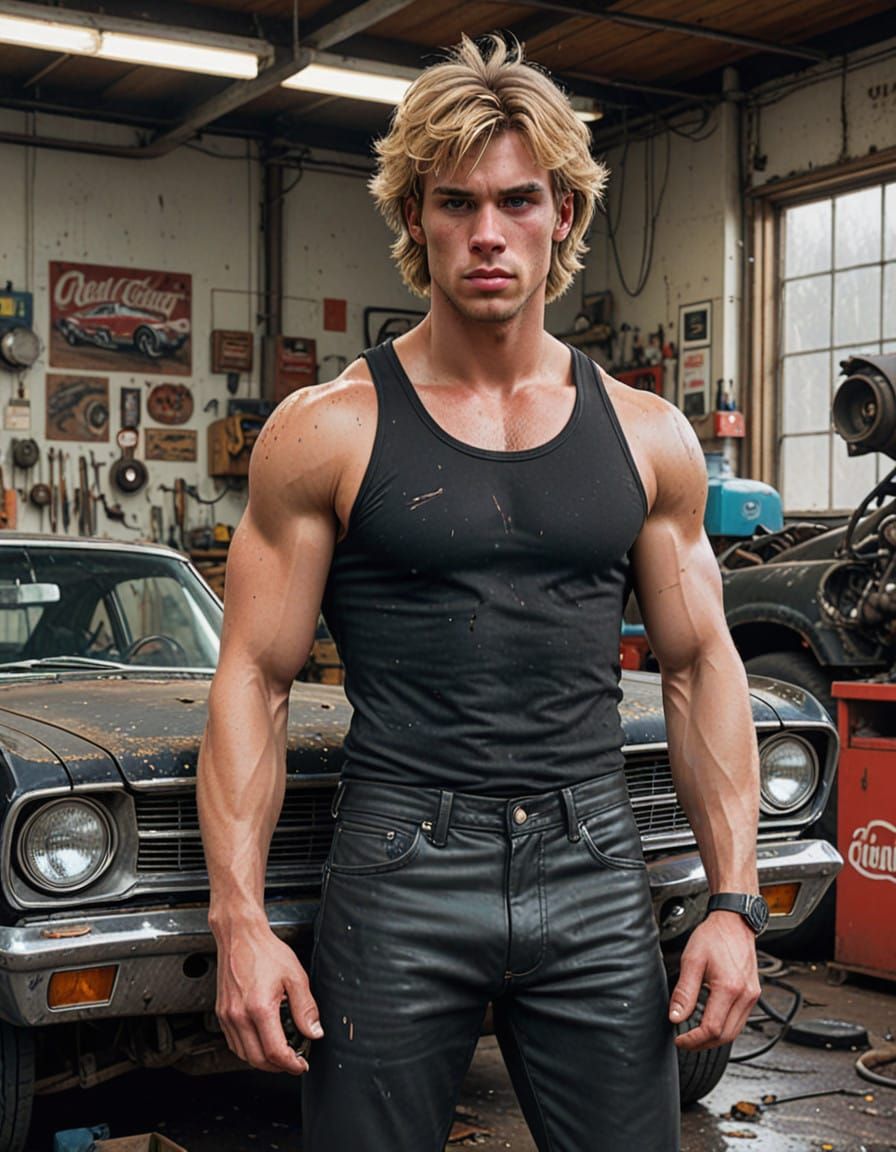 Gritty Teenage Grease Monkey in Auto Body Shop