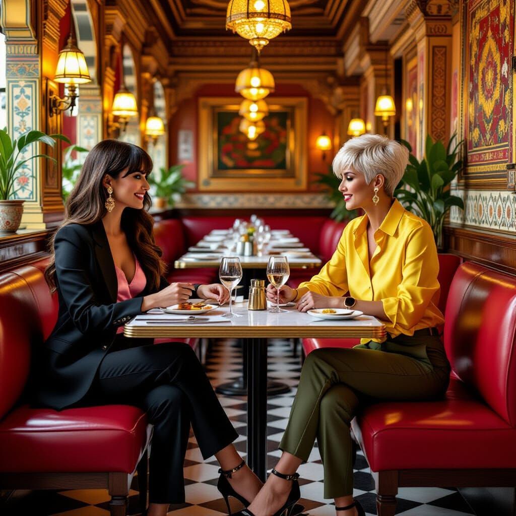 Opulent Indian Restaurant Scene with Two Women Dining