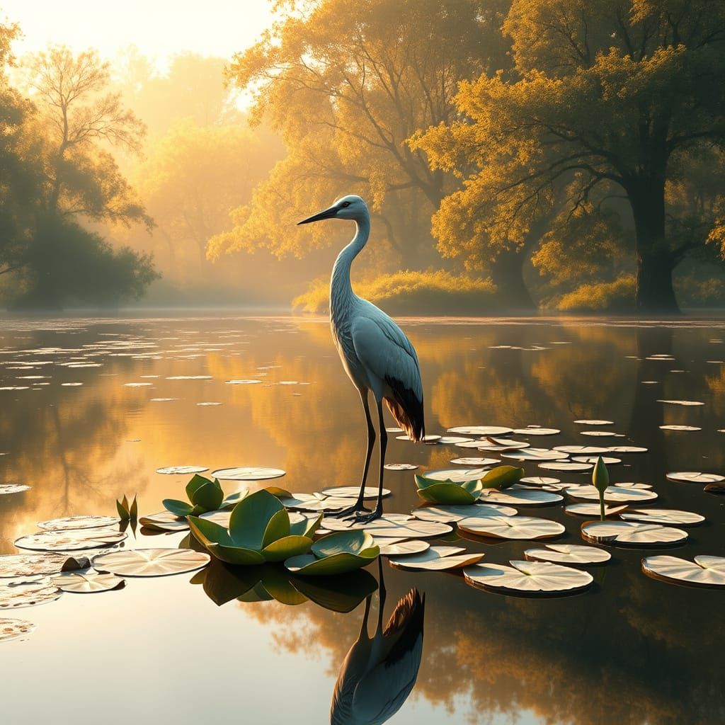 Crane Bird in Pond: Impressionistic Serenity