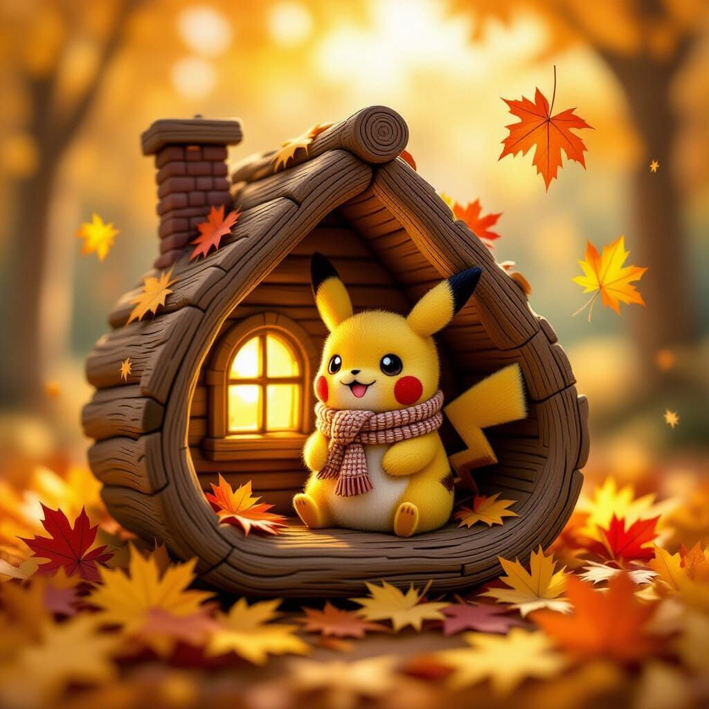 Pikachu in Cozy Autumn Log Cabin Storybook Style