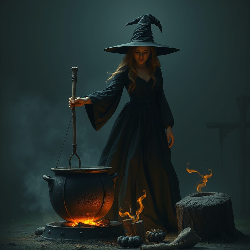 Witch Stirring Cauldron in Painterly Style