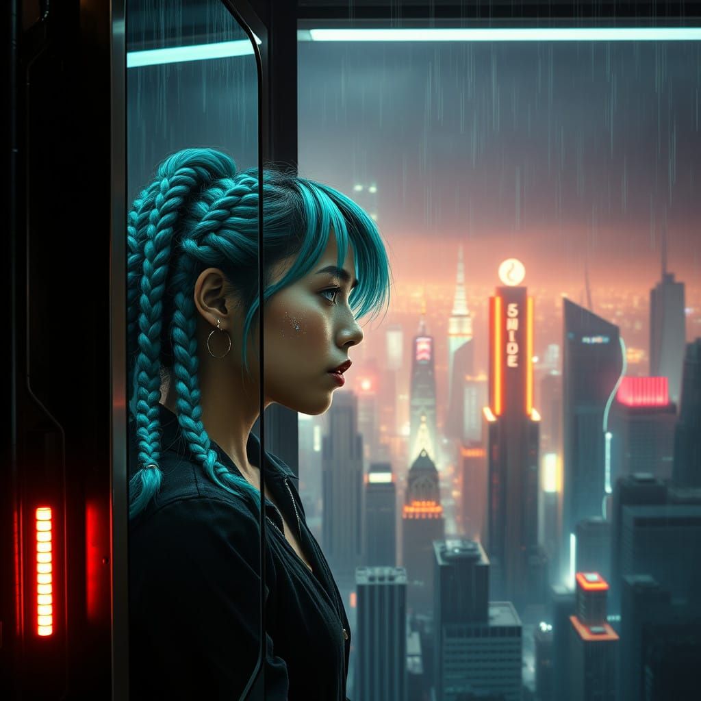 Vibrant Cyberpunk Woman Gazes into Distorted Holographic Mir...