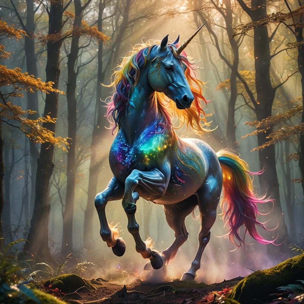 Unicorn Prancing in a Rainbow Forest: Epic Fantasy Art