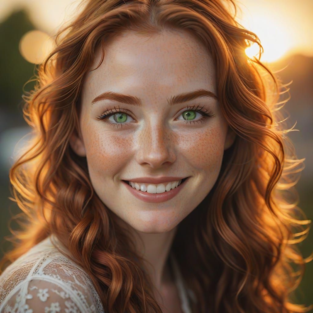 Ultra-realistic portrait of a woman with deep green eyes, freckles, and long wavy auburn hair, soft golden sunset lighti...