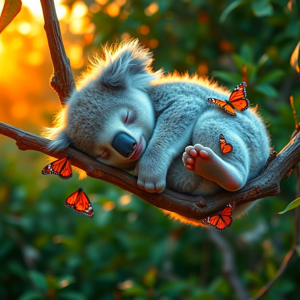 Cuddly Baby Koala in Vibrant Sunset Scene