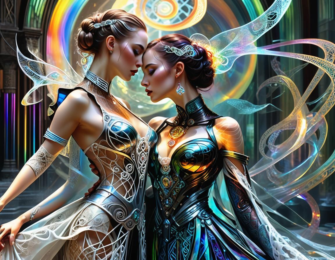 Cyberpunk Couple Kissing with Celtic Swirls