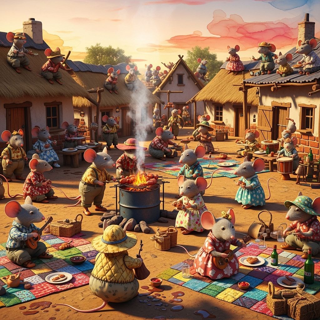 Cozy South African Mouse Village Braai in Cartoon Style