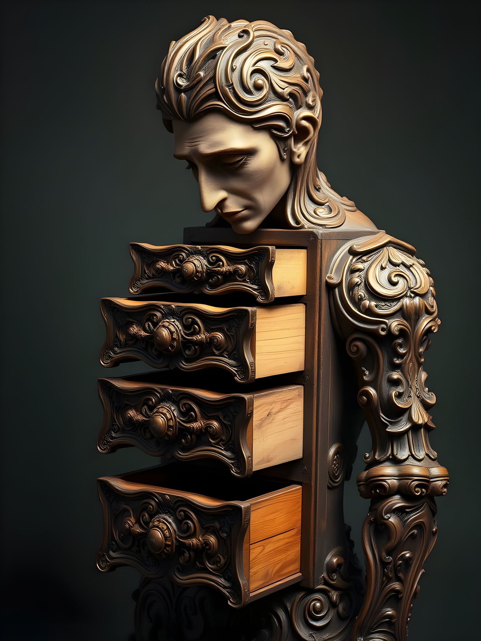 A Humanoid Figure Made of Ornate Drawers Contemplates Prejud...