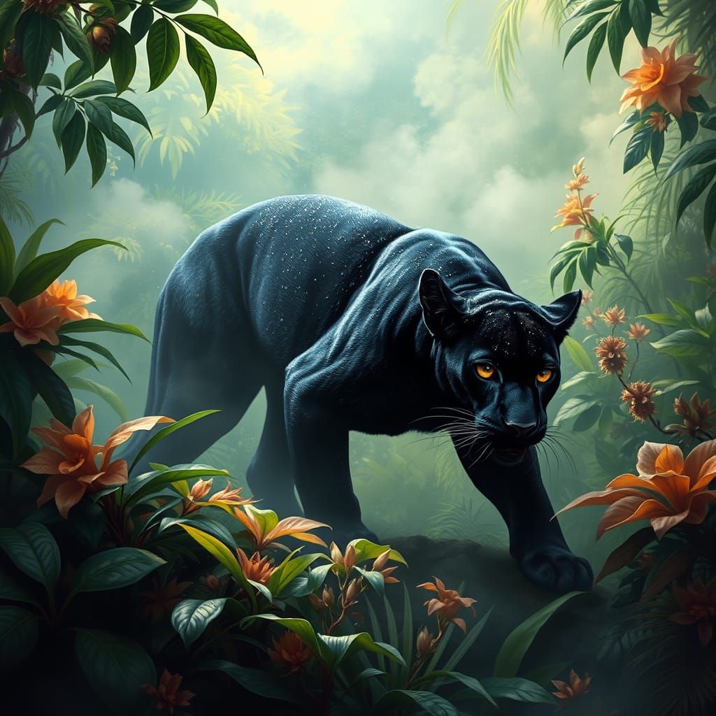 Black Panther Prowling Through Dreamlike Jungle