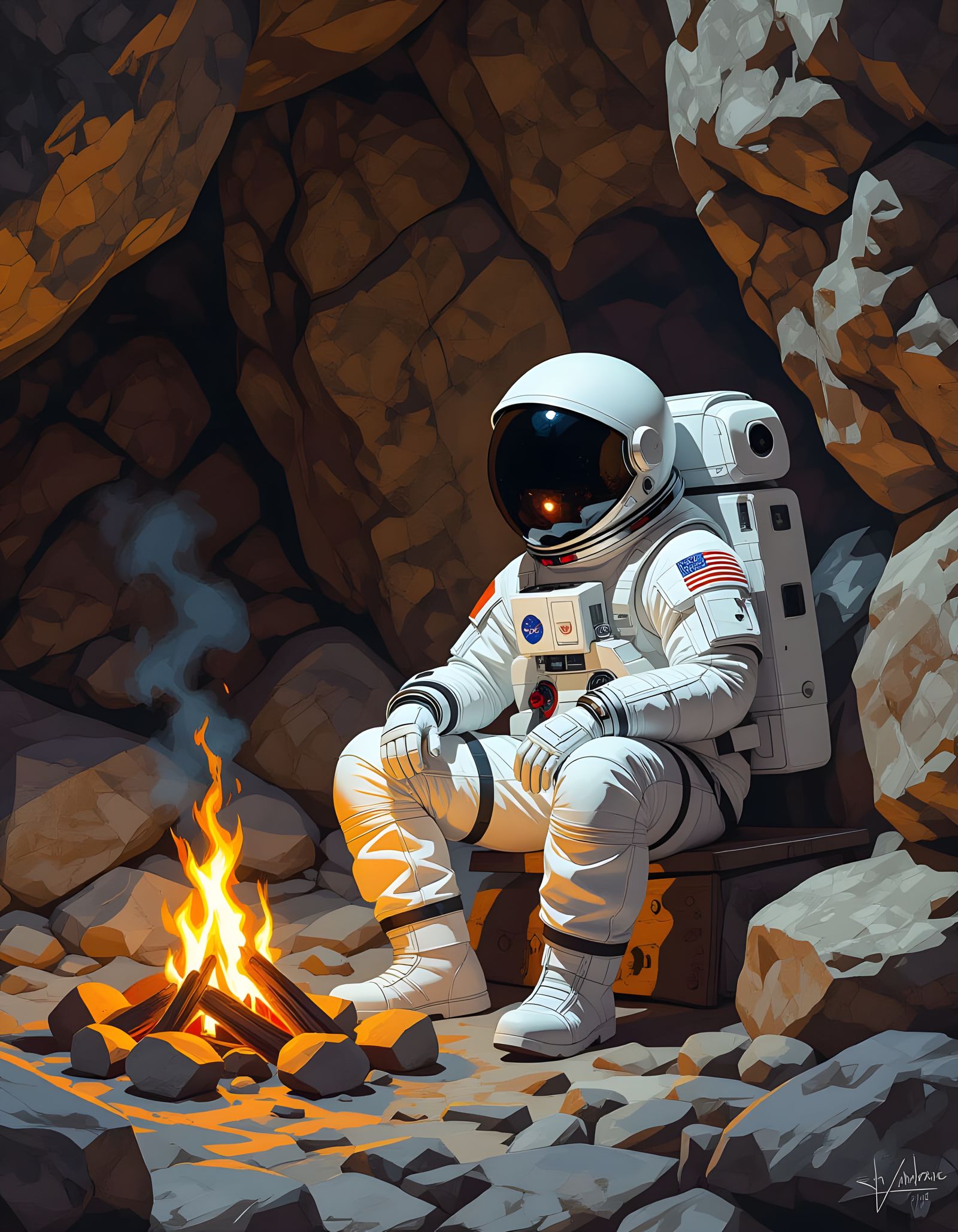 Astronaut in Stone Age Cave with Campfire