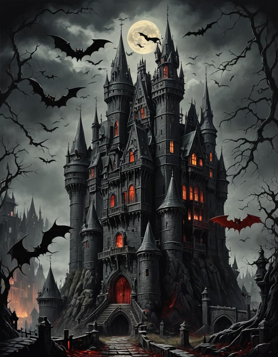 Victorian Gothic Horror: Dracula's Castle with Bats