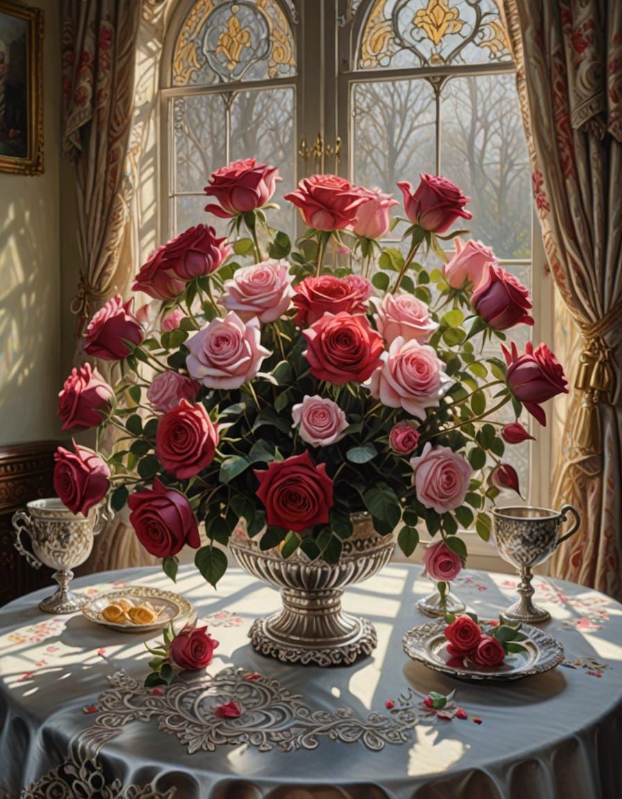 Elegant Oil Painting of Roses in a Silver Vase