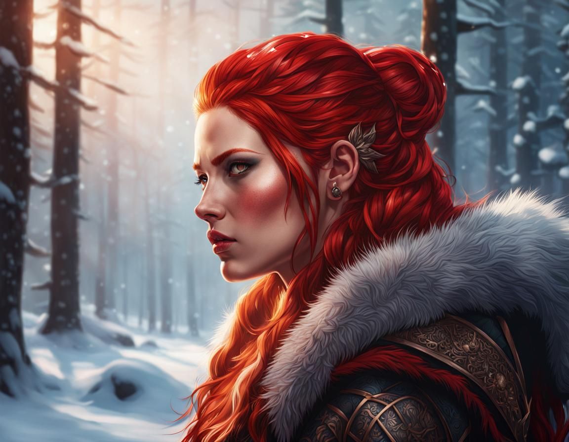 Viking Warrior Woman in a Snowy Forest Clearing