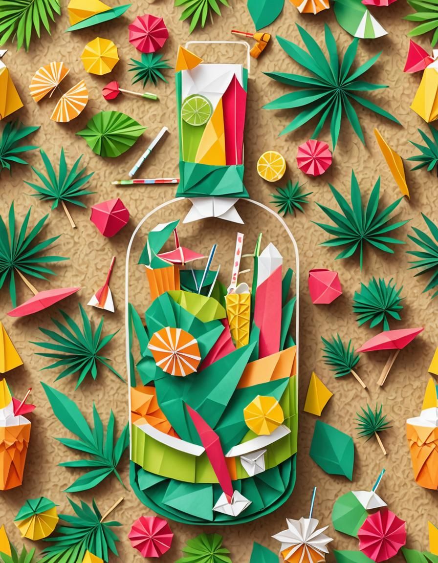 Origami Tropical Beach Cocktail Bar in Papercraft Style
