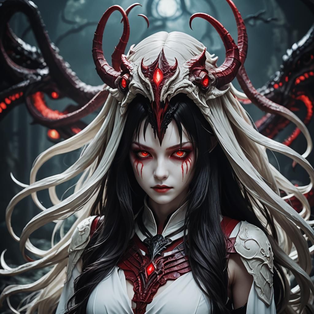 Anime Woman with Red Eyes and Dark Hair