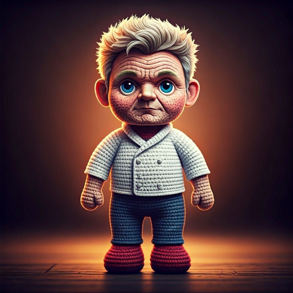 Whimsical Crocheted Gordon Ramsay in Cinematic Dreamscape